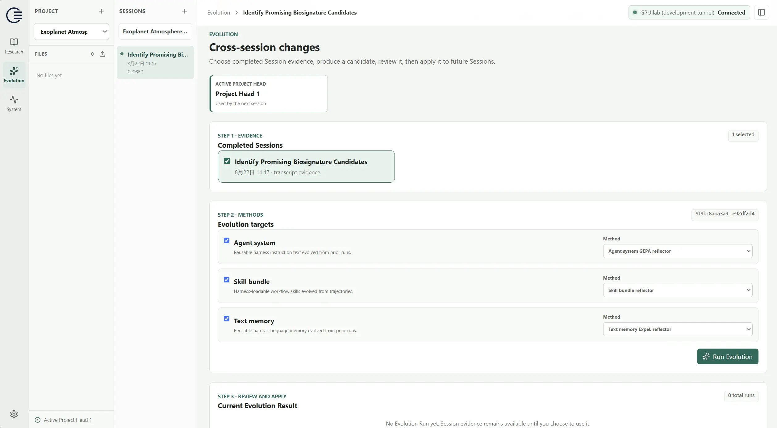 EvoLab Desktop showing cross-session agent evolution